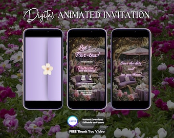 Invito al tea party, invito animato per il compleanno del tè stravagante, invito video digitale modificabile viola par-tea, invito floreale per il tè pomeridiano