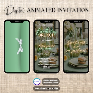 May include: Digital invitation for a birthday brunch. The invitation is green and gold with a photo of a table setting with champagne flutes and a dessert. The text reads "Please join us for a Birthday Brunch to celebrate Margaret's 30th Birthday. May 30, 4:00 PST. Blossom Restaurant, 515 Apple Ave, Los Angeles, CA 1277. Kindly RSVP to Melissa, call or text 125 445 5338. Save the date and see you there!"