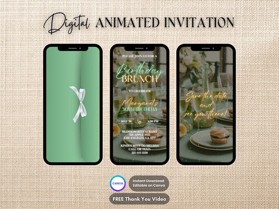Green Brunch Invitation, Birthday Brunch Animated Invitation, Editable Brunch Party Digital Video Invite, Breakfast Birthday Floral Party