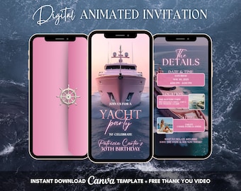 Uitnodiging roze jacht, geanimeerde uitnodiging bootfeest, bewerkbare video-uitnodiging jachtfeest, digitale bootuitnodiging, uitnodiging jachtfeest