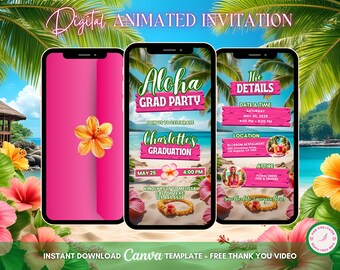 Aloha Luau Invitation, Tropical Grad Party Animated Invitation, Editable Graduation Digital Invitation, Tiki Party Video Invite