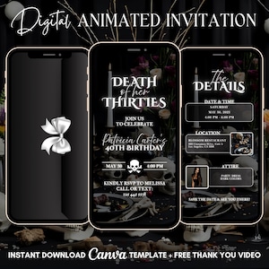 May include: Digital animated invitation for a 40th birthday party. The design features a black background with white text and a skull motif. The invitation includes event details and a call to RSVP.
