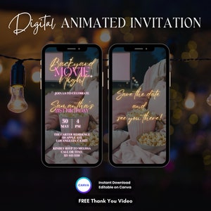 Backyard Movie Night Invitation, Pink Movie Birthday Animated Invitation, Editable Movie Party Video Invitation, Movie Night Video Invite