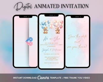 Gender Reveal Invitation, Bear Gender Reveal Party Animated Invitation, Editable Gender Reveal Digital Video Invite, Boy or Girl, He or She
