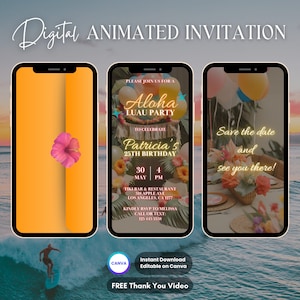 Aloha Luau-Einladung, Tropische Party-animierte Einladung, bearbeitbare Geburtstagseinladung, digitale Luau-Einladung, Tiki-Party-Video einladen