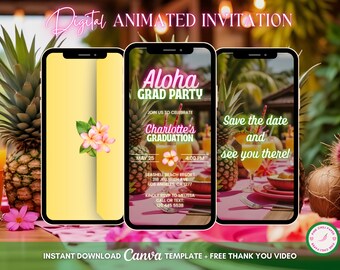Aloha Graduation Luau Invitation, Editable Tropical Party Animated Invitation, Luau Digital Invitation, Tiki Party Video Invite