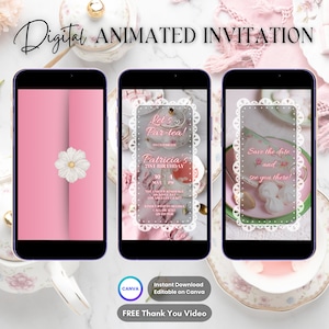 Tea Party Invitation, Whimsical Tea Birthday Animated Invitation, Editable Pink Par-tea Digital Video Invitation, High Tea Floral Invite