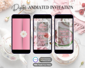 Tea Party Invitation, Whimsical Tea Birthday Animated Invitation, Editable Pink Par-tea Digital Video Invitation, High Tea Floral Invite