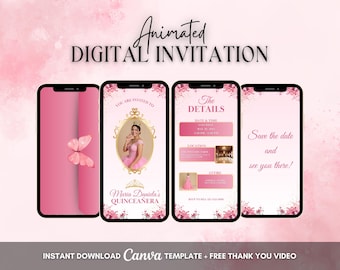 Quinceanera Invitation, Quinceanera Animated Invitation, Editable Pink Gold Quinceañera Digital Video Invitation, 16th Quince Video Invite