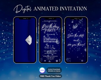 Diamond Party Invitation, Diamond Birthday Party Animated Invitation, Editable Diamond Invitation, Digital Video Invitation, Blue Diamond