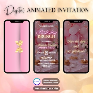 Rosa Geburtstags-Brunch-Einladung, Brunch-animierte Einladung, bearbeitbare Brunch-Party-Digital-Video-Einladung, Frühstücks-Geburtstags-Blumen-Evite