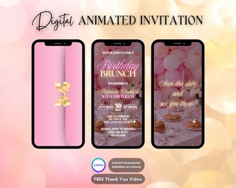 Invitación rosa para brunch de cumpleaños, invitación animada para brunch, video digital editable para brunch, desayuno floral para cumpleaños con tema de Evite