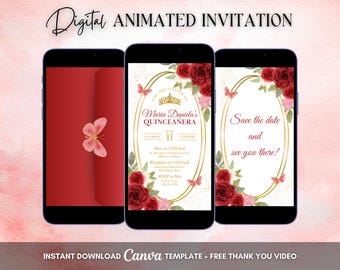 Quinceanera Invitation, Red Quinceanera Animated Invitation, Editable Quinceañera Digital Video Invitation, Sweet 16 Quince Video Invite