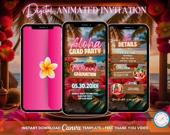 Aloha Luau Invitation, Tropical Party Animated Invitation, Editable Graduation Invitation, Luau Digital Invitation, Tiki Party Video Invite