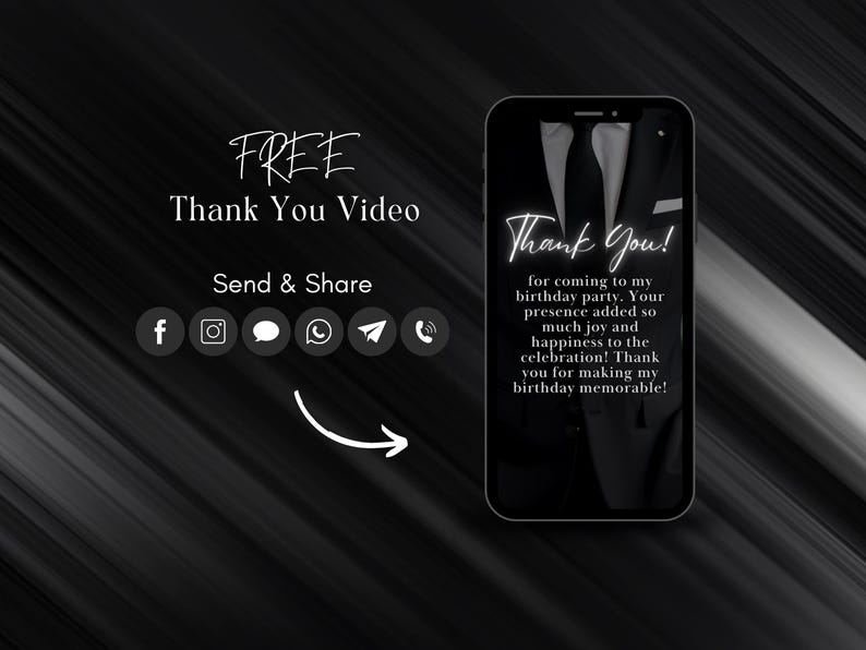 May include: A digital thank you card on a smartphone screen, featuring the text "Thank You!" and a message of gratitude for a birthday party. The image includes social media icons and the words "FREE Thank You Video."