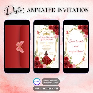 Quinceanera Invitation, Red Quinceanera Animated Invitation, Editable Quinceañera Digital Video Invitation, Sweet 16 Quince Video Invite