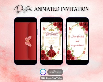 Quinceanera-Einladung, rote Quinceanera-animierte Einladung, bearbeitbare digitale Videoeinladung von Quinceanera, Sweet 16 Quince-Videoeinladung