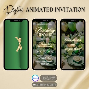 Green Dinner Invitation, Birthday Dinner Animated Invitation, Editable Dinner Party Digital Video Invite, Birthday Party Evite, Green Gold