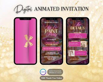 Pink Sip & Paint Invitation, Purple Sip and Paint Party Animated Invitation, Editable Paint Party Digital Video Invite, Cute Art Party Evite