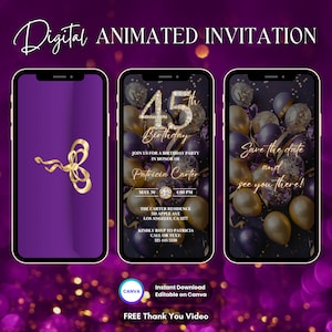 45th Birthday Invitation, Gold Purple 45th Birthday Party Animated Invitation, Editable Birthday Digital Video Invite, Dinner Party Evite