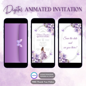 Quinceanera Invitation, Purple Quinceanera Animated Invitation, Editable Quinceañera Digital Video Invitation, Sweet 16 Quince Video Invite