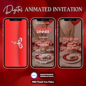 Red Birthday Dinner Invitation, Red Dinner Party Animated Invitation, Editable Birthday Party Digital Video Invite, Dinner & Drinks Evite