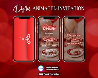 Red Birthday Dinner Invitation, Red Dinner Party Animated Invitation, Editable Birthday Party Digital Video Invite, Dinner & Drinks Evite