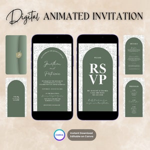 Sage Wedding Invitation, Minimalist Wedding Animated Invitation, Editable Floral Wedding Digital Video Invitation, Save the Date Invite