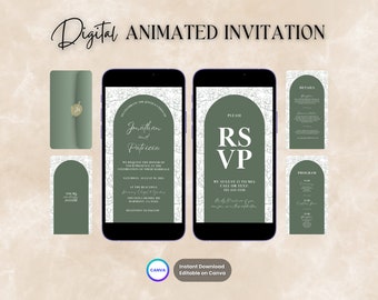 Sage Wedding Invitation, Minimalist Wedding Animated Invitation, Editable Floral Wedding Digital Video Invitation, Save the Date Invite
