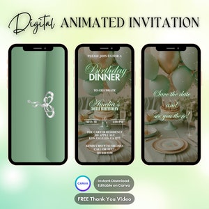 Green Birthday Dinner Invitation, Green Dinner Party Animated Invitation, Editable Birthday Party Digital Video Invite, Dinner Drinks Evite