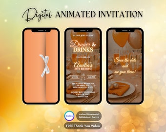 Orange inbjudan till middag och dryck, animerad inbjudan till födelsedagsmiddag, redigerbar digital videoinbjudan till middagsbjudning, födelsedagsfestinbjudan