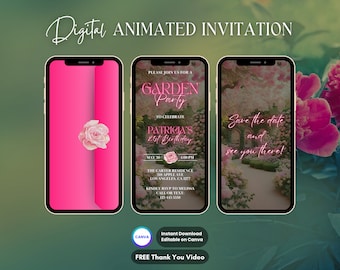 Garden Party Invitation, Pink Floral Garden Animated Invitation, Editable Garden Party Digital Video Invite, Flower Garden Birthday Evite