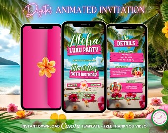 Aloha Luau Invitation, Tropical Party Animated Invitation, Editable Birthday Invitation, Luau Digital Invitation, Tiki Party Video Invite