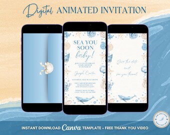 Sea You Soon Baby Shower Invitation, Coastal Ocean Animated Invitation, Beach Baby Shower Digital Video Invite Template
