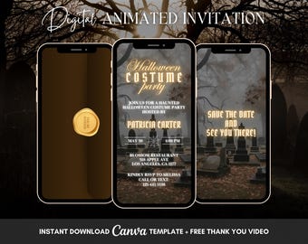 Halloween Costume Party Invitation, Yellow Halloween Animated Invitation, Editable Haunted House Digital Video Invite, Let&#39;s Get Spooky