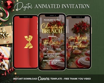 Peut inclure: Invitation numérique animée sur trois smartphones. Le téléphone central affiche une invitation à un brunch de Noël avec du texte et une table. Le téléphone de gauche montre un fond rouge avec un nœud doré. Le téléphone de droite dit "Save the date et see you there!"