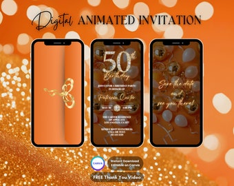 50th Birthday Invitation, Gold Orange 50th Birthday Party Animated Invitation, Editable Birthday Digital Video Invite, Dinner Party Evite