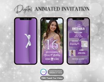 Purple Sweet 16 Invitation, 16th Birthday Party Animated Invitation, Editable Sweet Sixteen Digital Video Invite, Dinner Evite Template