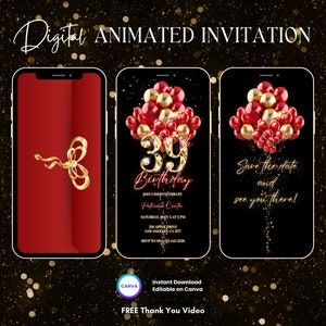 May include: Digital animated invitation for a 39th birthday party with red and gold balloons. The invitation includes the text "39th Birthday", "Join us to celebrate", "Patricia Carter", "Saturday, Dec 5 at 2 pm", "312 Apple Drive", "Los Angeles, CA 91217", "RSVP to Maria at 555-555-5555".
