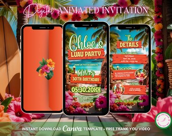 Aloha Luau Invitation, Tropical Party Animated Invitation, Editable Birthday Invitation, Luau Digital Invitation, Tiki Party Video Invite