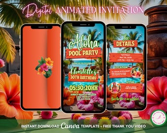 Aloha Luau Invitation, Tropical Pool Party Animated Invitation, Editable Birthday Luau Digital Invite, Tiki Party Video Invite