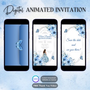 Invito Quinceanera, invito animato Quinceanera blu, invito video digitale Quinceanera modificabile, dolce 16 video invito Quinceanera