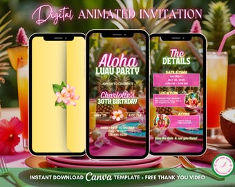 Aloha Luau Invitation, Tropical Party Animated Invitation, Editable Birthday Invitation, Luau Digital Invitation, Tiki Party Video Invite