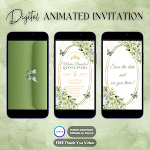 Quinceanera Invitation, Quinceanera Animated Invitation, Editable Green Quinceañera Digital Video Invitation, Sweet 16 Quince Video Invite