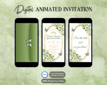 Quinceanera-Einladung, Quinceanera-animierte Einladung, bearbeitbare grüne Quinceamaßa-Digital-Video-Einladung, Sweet 16 Quitte-Video-Einladung