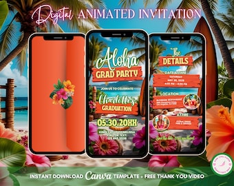 Aloha Luau Invitation, Tropical Party Animated Invitation, Editable Graduation Invitation, Luau Digital Invitation, Tiki Party Video Invite