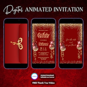 Birthday Dinner Invitation, Dinner Party Animated Invitation, Editable Birthday Digital Video Invitation, Red and Gold Party Video Invite