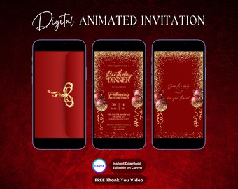 Birthday Dinner Invitation, Dinner Party Animated Invitation, Editable Birthday Digital Video Invitation, Red and Gold Party Video Invite