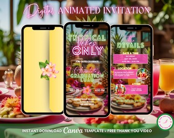 Aloha Luau Invitation, Tropical Party Animated Invitation, Editable Graduation Invitation, Luau Digital Invitation, Tiki Party Video Invite