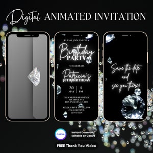 Diamant Party Einladung, Diamant Geburtstagsfeier animierte Einladung, bearbeitbare Diamant Einladung, digitales Einladungsvideo, Canva Vorlage